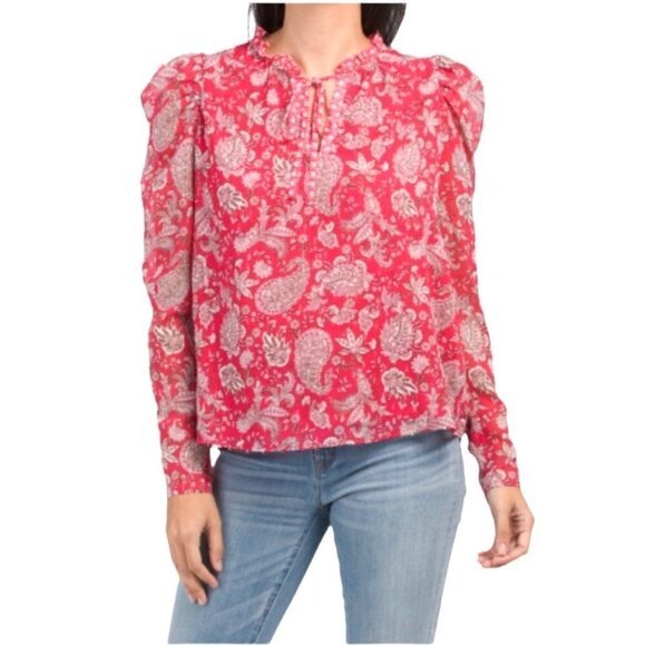 Cupcakes & Cashmere Pink And White‎ Paisley Puff Long Sleeve Tie Neck Blouse M - Picture 1 of 11